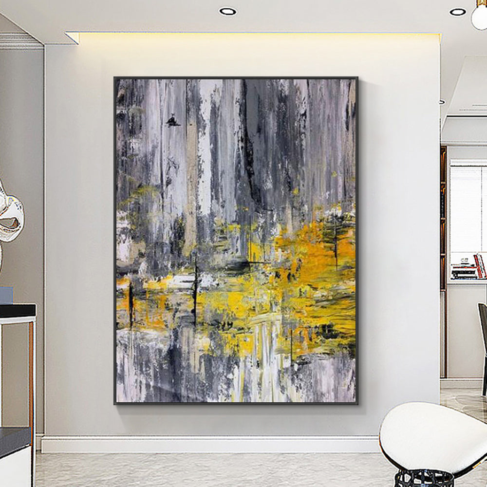 Abstract Gray With Yellow Painting  Hand Painted Oil Painting On Canvas Modern Handmade Wall  For Living Room,31inx47in,No Frame