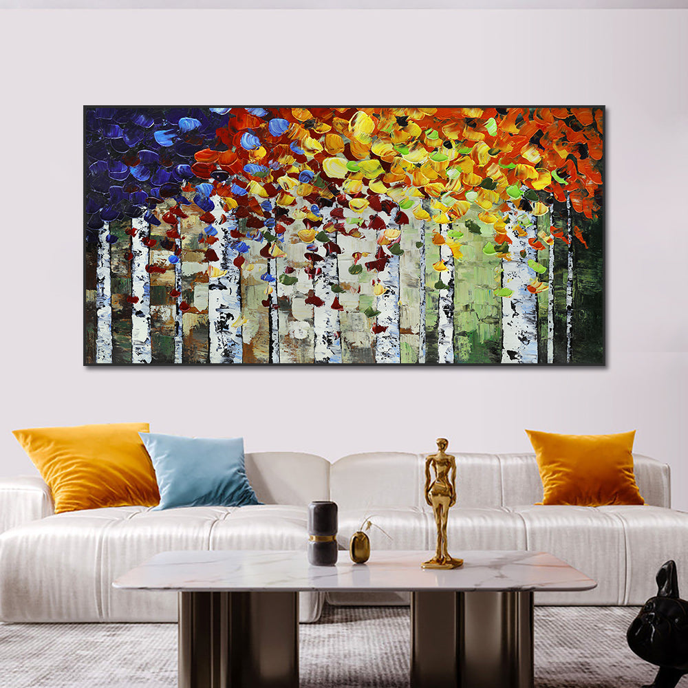 Abstract Thick Textured Blue Red Yellow Leaves Trees Oil Painting  Hand Painted On Canvas Modern,27inx54in,No Frame