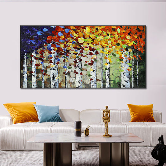 Abstract Thick Textured Blue Red Yellow Leaves Trees Oil Painting  Hand Painted On Canvas Modern,27inx54in,No Frame