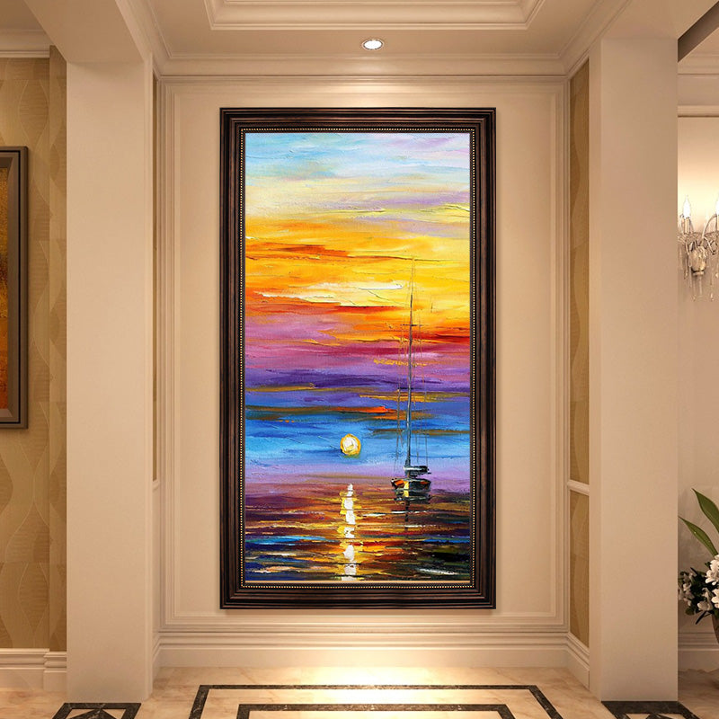 Hand-painted Oil Painting Decorative Painting Sunrise Paintings Continental Entrance Penthouse Floor Hollow Booming Large Mural27inx54in,No Frame