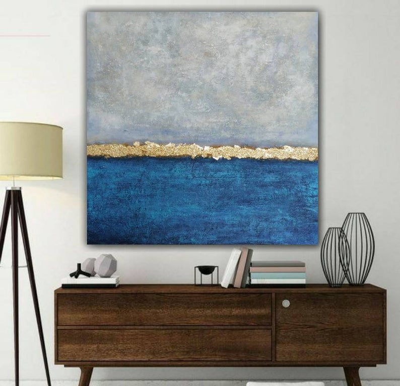 LargeOceanPaintingBlueAndGrayPaintingAbstractLandscapePaintingSeaPaintingOnCanvasGoldLeaf  31in,No Frame