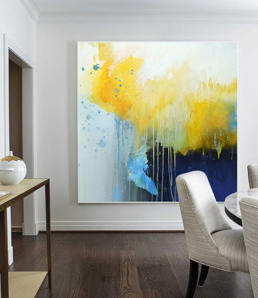 LargeYellowPaintingDeepBlueAbstractCanvasPaintingMinimalistAbstractPaintingDiningRoomCanvasAbstractOil   31in,No Frame