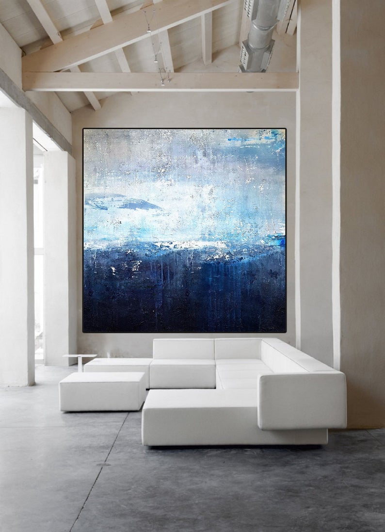 LargeAbstractPaintingWhiteBlueBlackArtworkContemporaryOilPaintingWallDecorAbstractHandPaintedDesign    31in,No Frame
