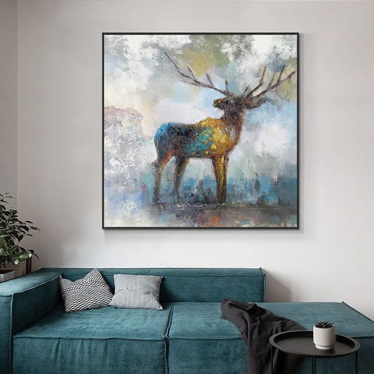 Hand Painted Gold Texture Vintage Oil Painting Modern Abstract Sika deer Wall Art Handmade Canvas Picture