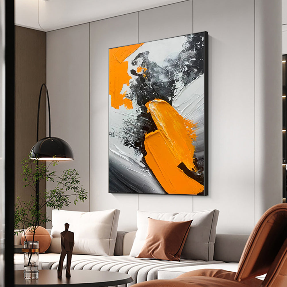 Abstract Black Orange Oil Painting  Handmade On Canvas Modern Nordic Abstract Wall Art  For Living Room,31inx47in,No Frame