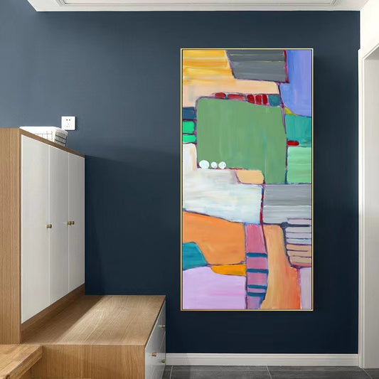 Handpainted Oil Painting Modern Minimalist Geometric Color Block Abstract Decorative Painting Vertical Corridor Hanging Painting,27inx54in,No Frame
