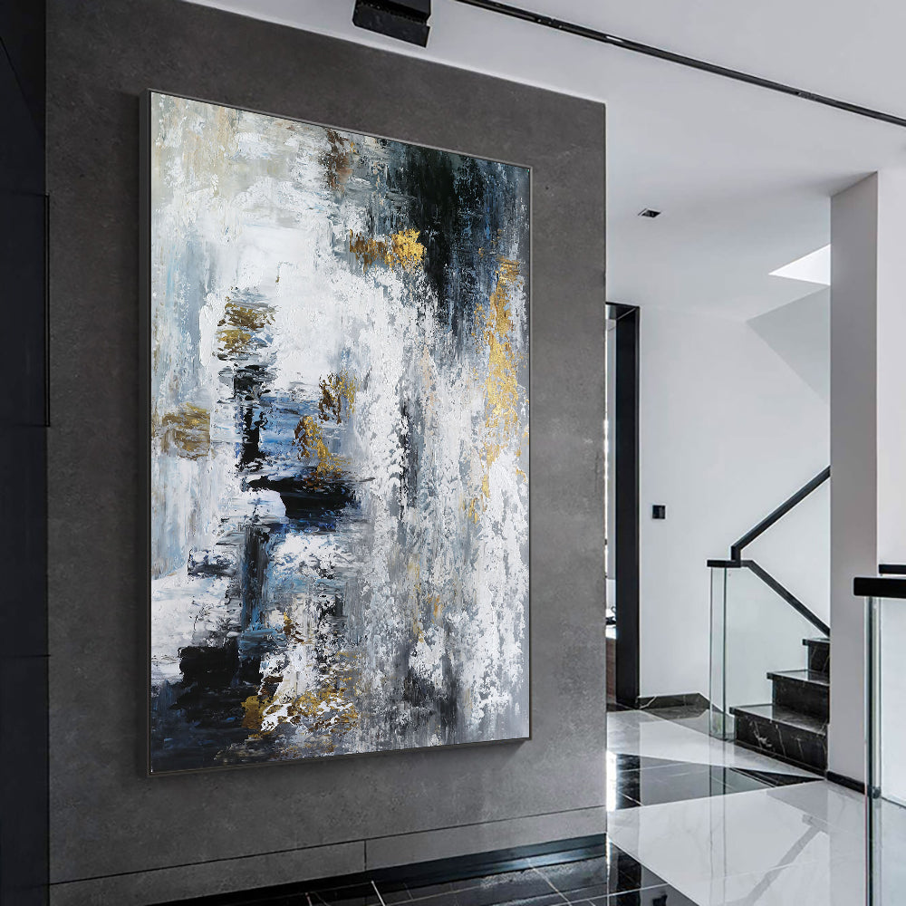 Abstract Black White Gold Oil Painting  Handmade On Canvas Modern New Style Wall Art Pictures For Living Room,31inx47in,No Frame