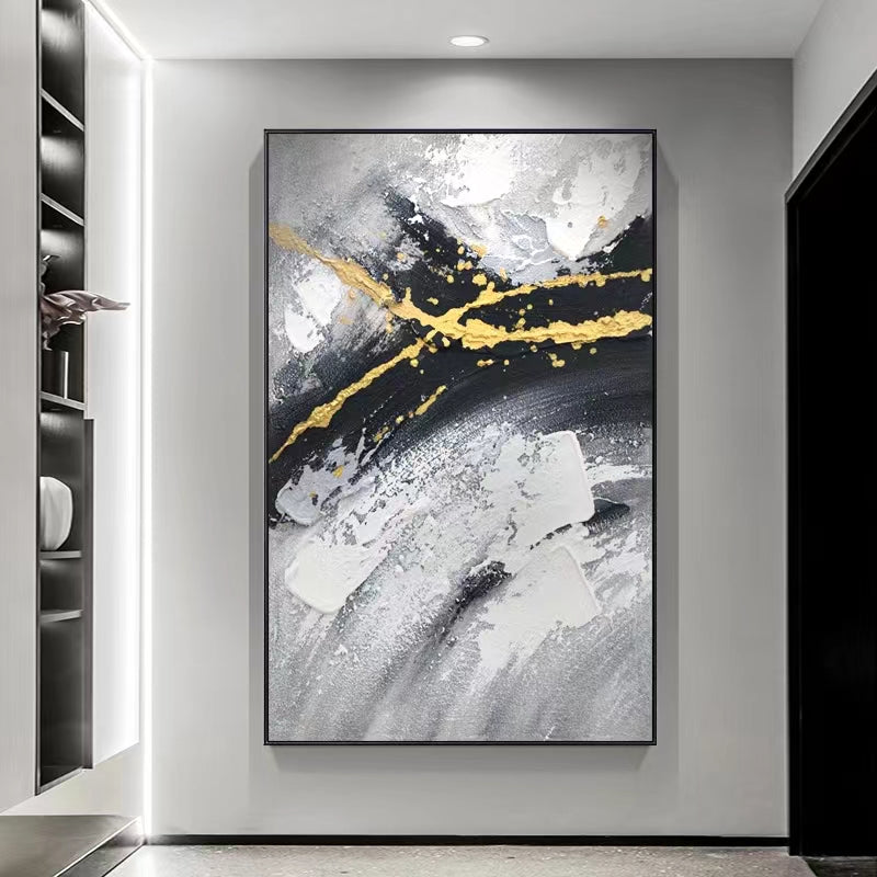 Handpainted Oil Painting Black and White Gray Abstract Gold Foil Living Room Sofa Background Wall Canvas,31inx47in,No Frame