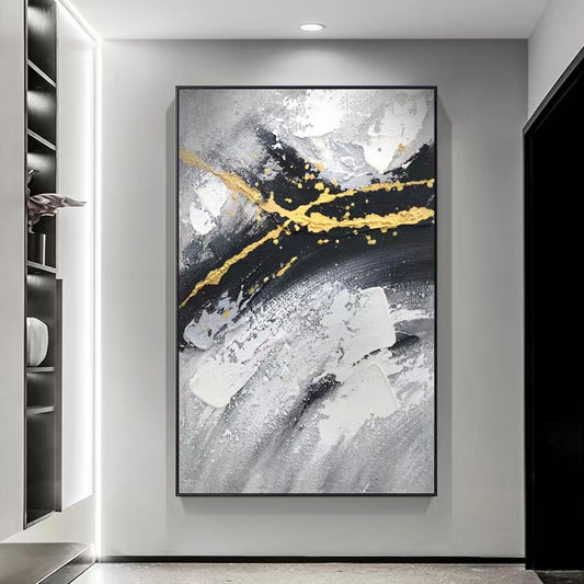 Handpainted Oil Painting Black and White Gray Abstract Gold Foil Living Room Sofa Background Wall Canvas,31inx47in,No Frame
