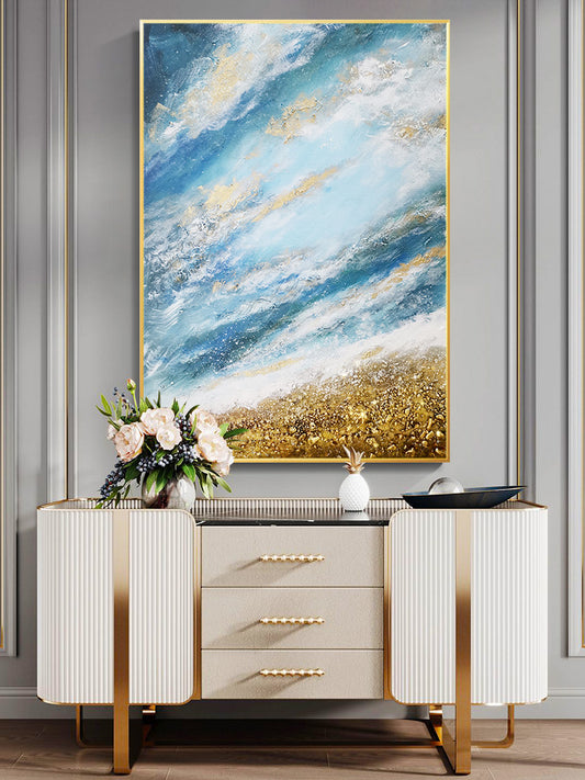 Hand painted Thick Oil Paintings Gold Art On Canvas Unframed Wall Decor For Christmas Gift,27inx54in,No Frame