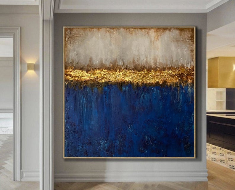Handmade Blue Gold Leaf Acrylic Painting Textured Abstract Painting On Ready To Hang Canvas Gold Foil Oversized Wall Art31in,No Frame