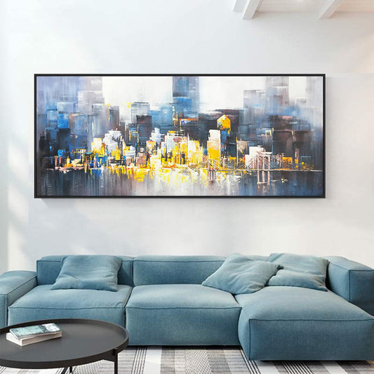 Hand painted Canvas Surface Modern Large Size Manhattan Abstract artist Residence Decoration Hanging Painting Urban Architecture,27inx54in,No Frame