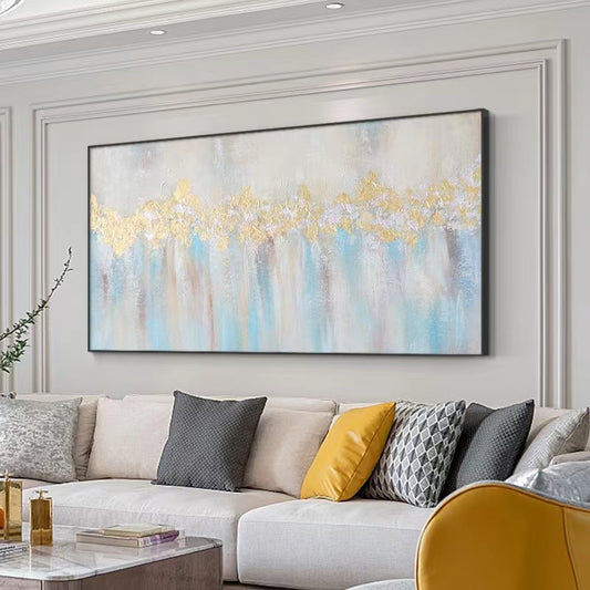 Hand painted Oil Painting Living Room Decorative Painting Modern Simple Gold Foil Abstract Sofa Background Wall,27inx54in,No Frame