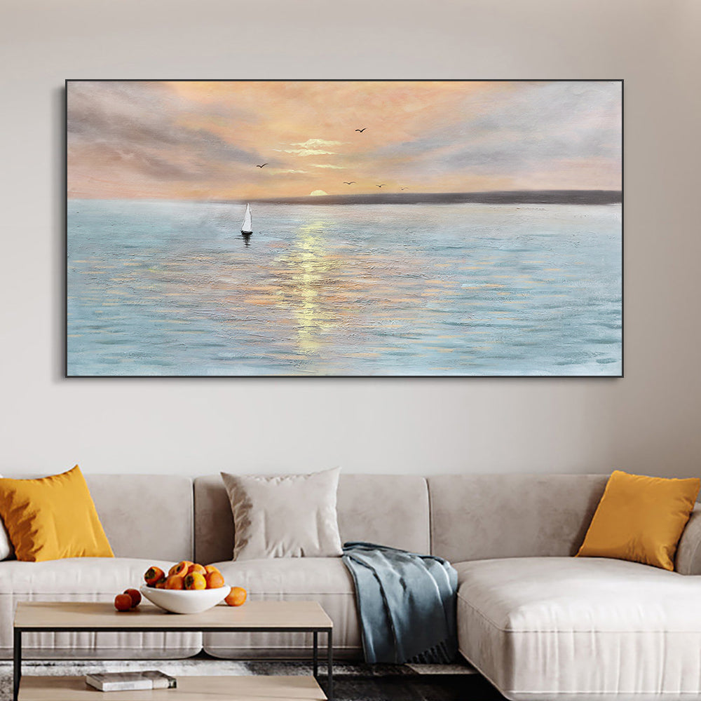 Abstract Landscape Hand Painted Oil Painting Sailboat and Sunset Canvas Picture Wall Art Seascape Painting,27inx54in,No Frame
