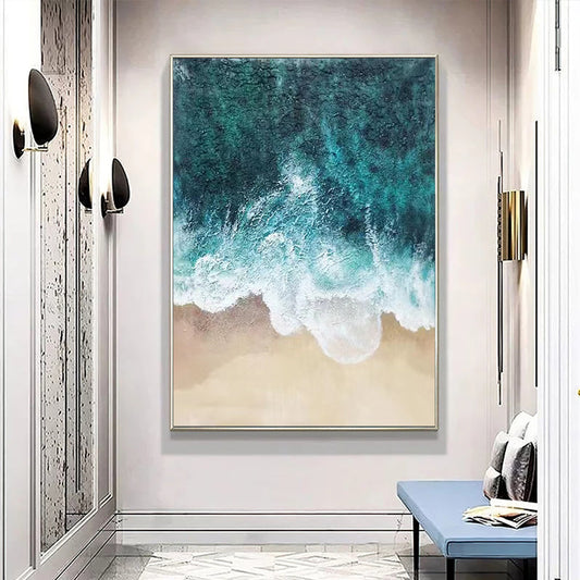 Nordic Living Room Decorative Painting Blue Ocean Waves Hand painted Oil Painting Sofa Bedroom Background Wall,31inx47in,No Frame