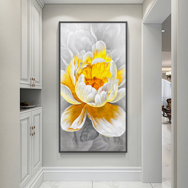 Handmade Landscape Yellow Flowers Peony Texture Oil Painting On Canvas Entrance Home Decor Wall Art Vertical,27inx54in,No Frame