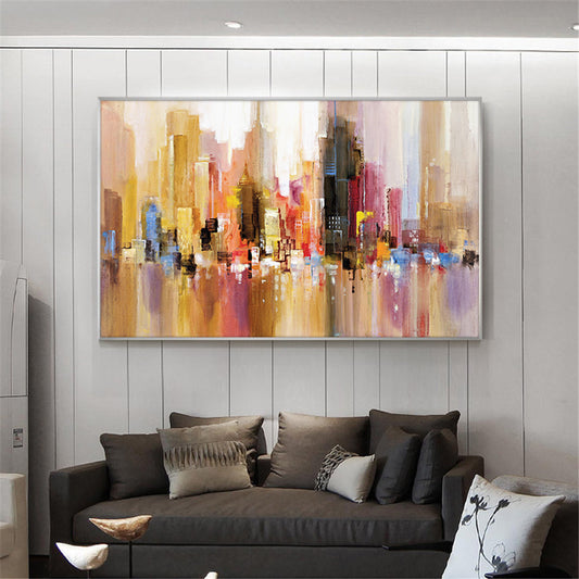 Abstract Building Painting Handmade Oil Painting On Canvas Hand Painted Modern Wall Art Pictures For Living Room,27inx54in,No Frame