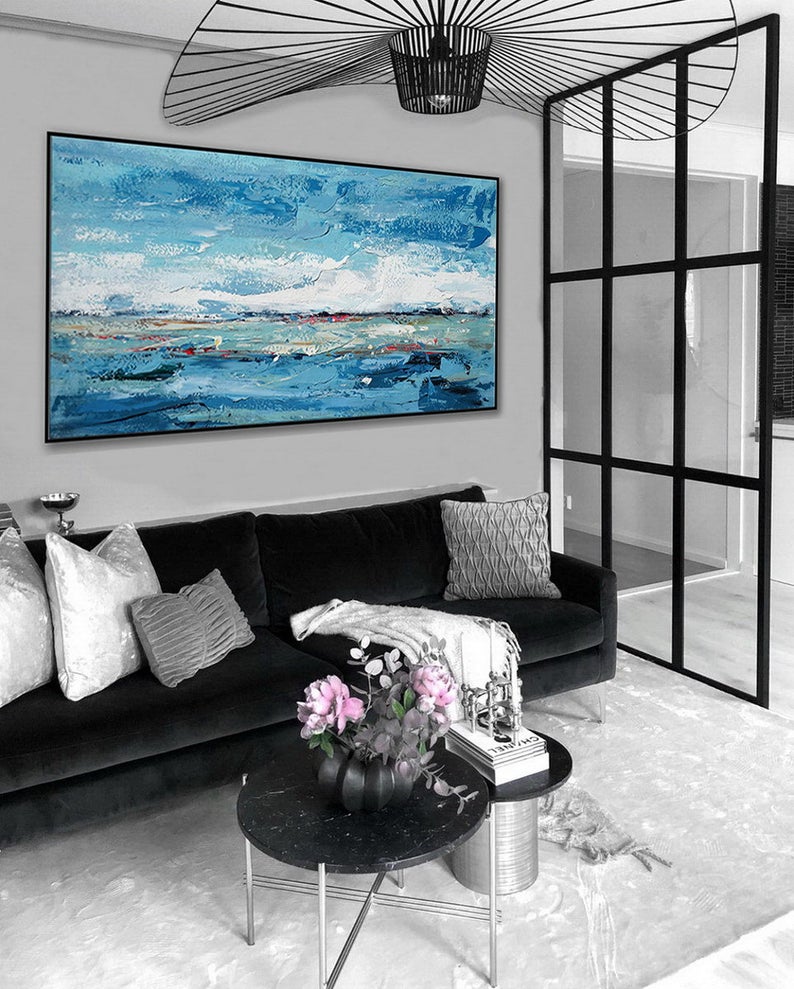 Extra Large Wall Art Textured Contemporary Oversize Painting Modern Art Horizontal Abstract Acrylic Panoramic Canvas Painting27inx54in,No Frame