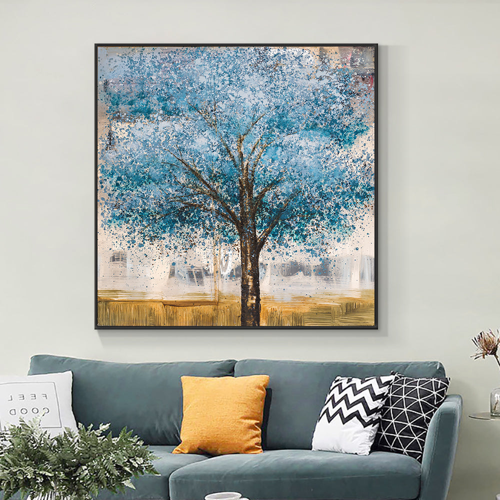 Hand Painted Blue Tree Painting Without Frame Modern Decorative Oil Painting Wall Art Pictures,31inx31in,No Frame
