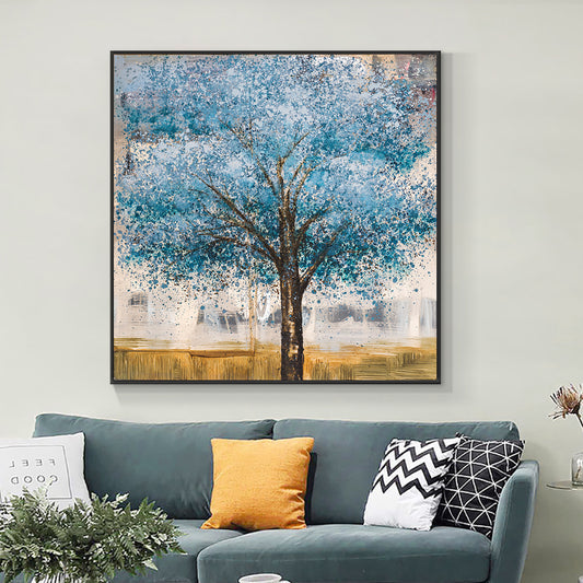 Hand Painted Blue Tree Painting Without Frame Modern Decorative Oil Painting Wall Art Pictures,31inx31in,No Frame