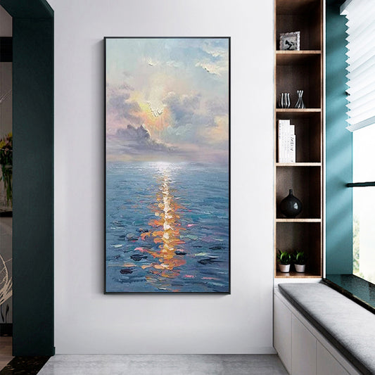 Hand painted Oil Painting Rising Sun Simple Living Room Floor to ceiling Decorative Painting Aisle Vertical,27inx54in,No Frame