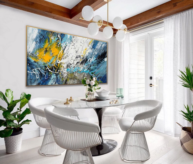 Oversize Panoramic Textured Abstract Acrylic Painting Contemporary Modern Artwork Extra Large Horizontal Texture Wall Art Canvas27inx54in,No Frame