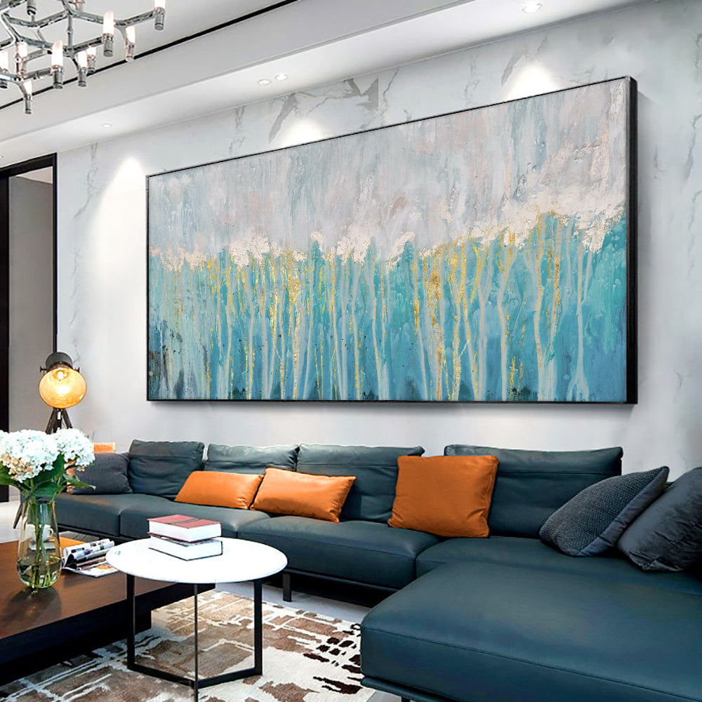 Abstract Green Blue Painting With Gold Foils  Hand Painted Oil Painting On Canvas Modern Wall,27inx54in,No Frame