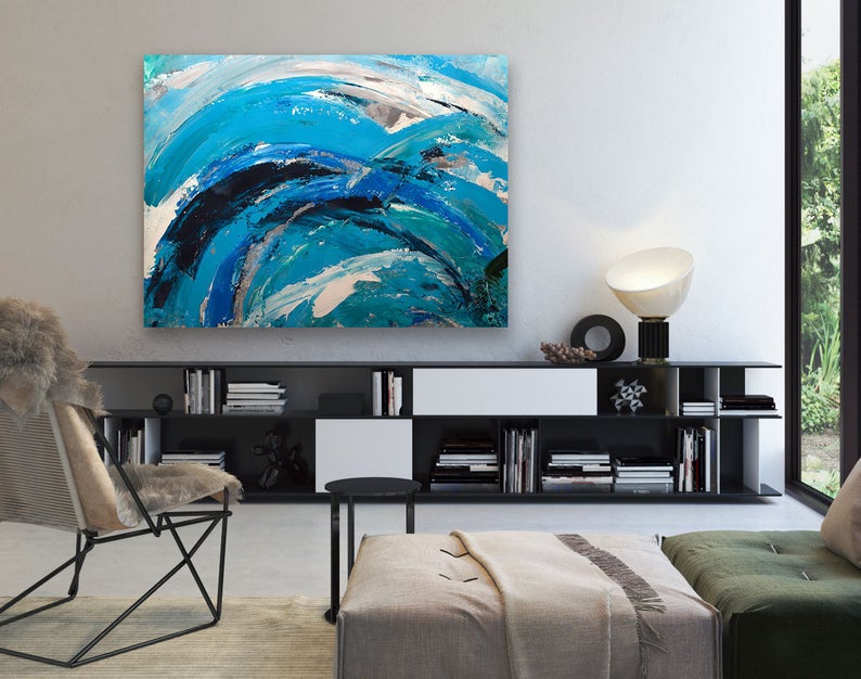 AbstractPaintingOnCanvasExtraLargeWallArtOriginalTexturedPaintingHousewarmingGiftTealBlueDecor 31in,No Frame