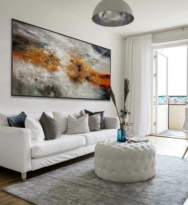 Contemporary Minimal Modern Neutral Large Wall Art Hand Painted Rustic Minimalist Simple Abstract Painting On Canvas Gray Gold27inx54in,No Frame