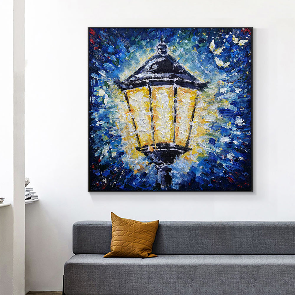 Abstract Blue Painting Street Lamp Light Oil Painting  Hand Painted On Canvas Decorative Wall Art,31inx31in,No Frame