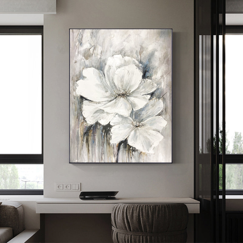 Textured White Flower  Hand Painted Modern Abstract Oil Painting On Canvas Wall Art For Living Room,31inx47in,No Frame