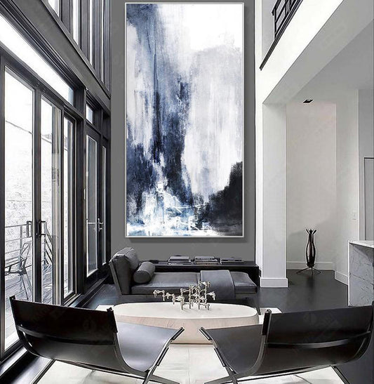 Original Abstract Painting Blue White Modern Abstract Painting Canvas Painting Office Wall Art Abstract Textured Art Room Decor27inx54in,No Frame