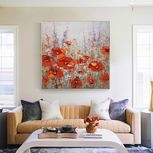 Handmade Nordic Red Flower Oil Painting On Canvas For Living Room Bedroom   Wall Art,31inx31in,No Frame