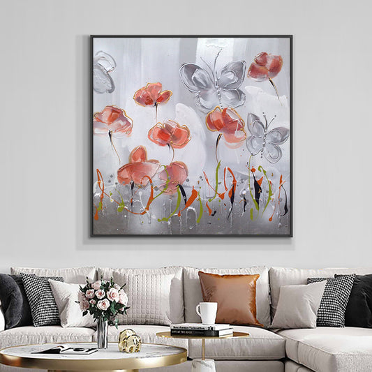 Abstract Flowers With Butterfly Painting On Canvas  Hand Painted Oil Painting Handmade Decorative Wall Art,31inx31in,No Frame