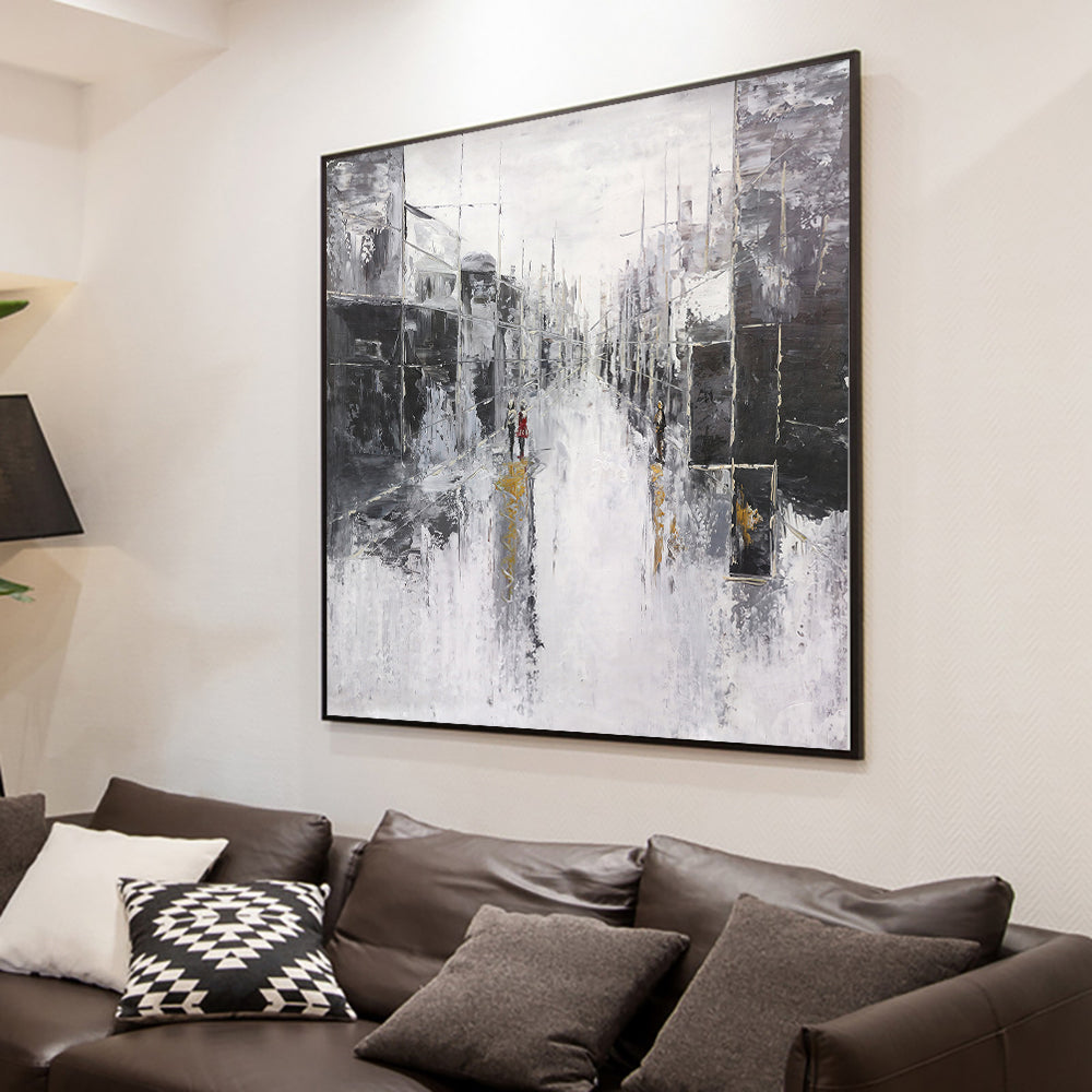 Abstract  Handpainted Textured People Walking Down The Street Oil Painting Modern Wall Art Canvas Painting,31inx31in,No Frame