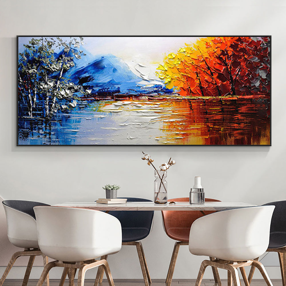 Hand painted Abstract Landscape Oil Painting Wall Art Handmade Red Tree Mountain Canvas Oil Painting,27inx54in,No Frame