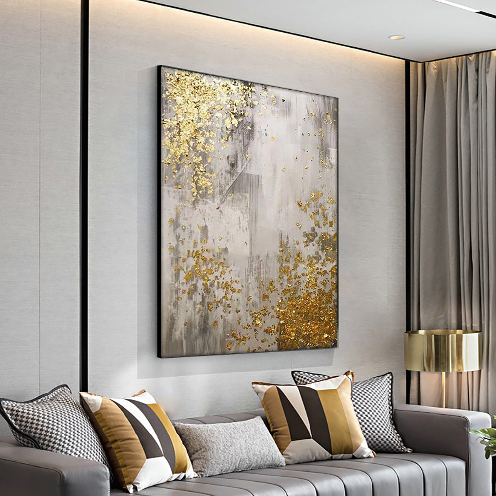 Abstract Painting With Gold Foils  Hand Painted Oil Painting Modern Handmade Canvas Wall Art For Living Room,31inx47in,No Frame