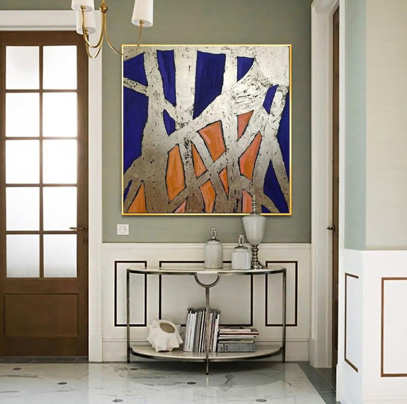Gold Leaf Painting Blue Abstract Painting On Canvas Deep Blue Painting Beige Painting Yellow Abstract Canvas Oversize Wall Art31in,No Frame