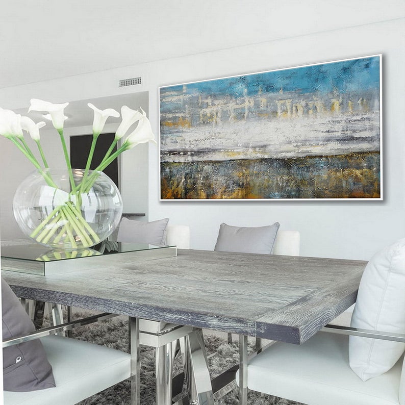 Textured Abstract Canvas Painting Extra Large Wall Art Contemporary Texture Oversize Modern Acrylic Artwork Panoramic Horizontal27inx54in,No Frame