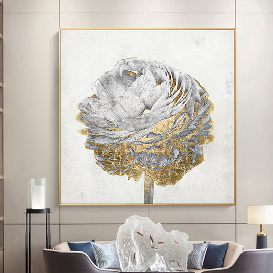 Hand Painted Flower Oil Painting On Canvas Wall Art Pictures Large Golden White For Living Room,31inx31in,No Frame