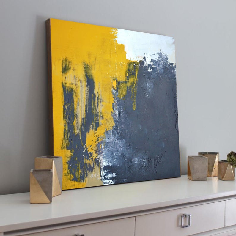 LargeAbstractPaintingsOnCanvasYellowAbstractCanvasArtOilPaintingBlueAbstractArtPaintingModern  31in,No Frame