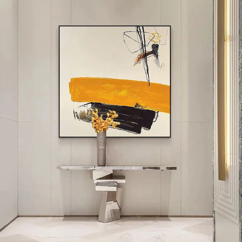 Pure Hand painted Oil Painting Modern Abstract Hanging Painting Black And White Orange Art Retro Living,31inx31in,No Frame