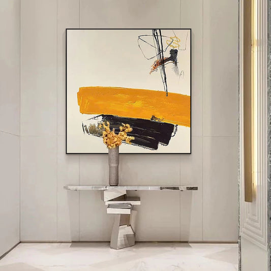 Pure Hand painted Oil Painting Modern Abstract Hanging Painting Black And White Orange Art Retro Living,31inx31in,No Frame