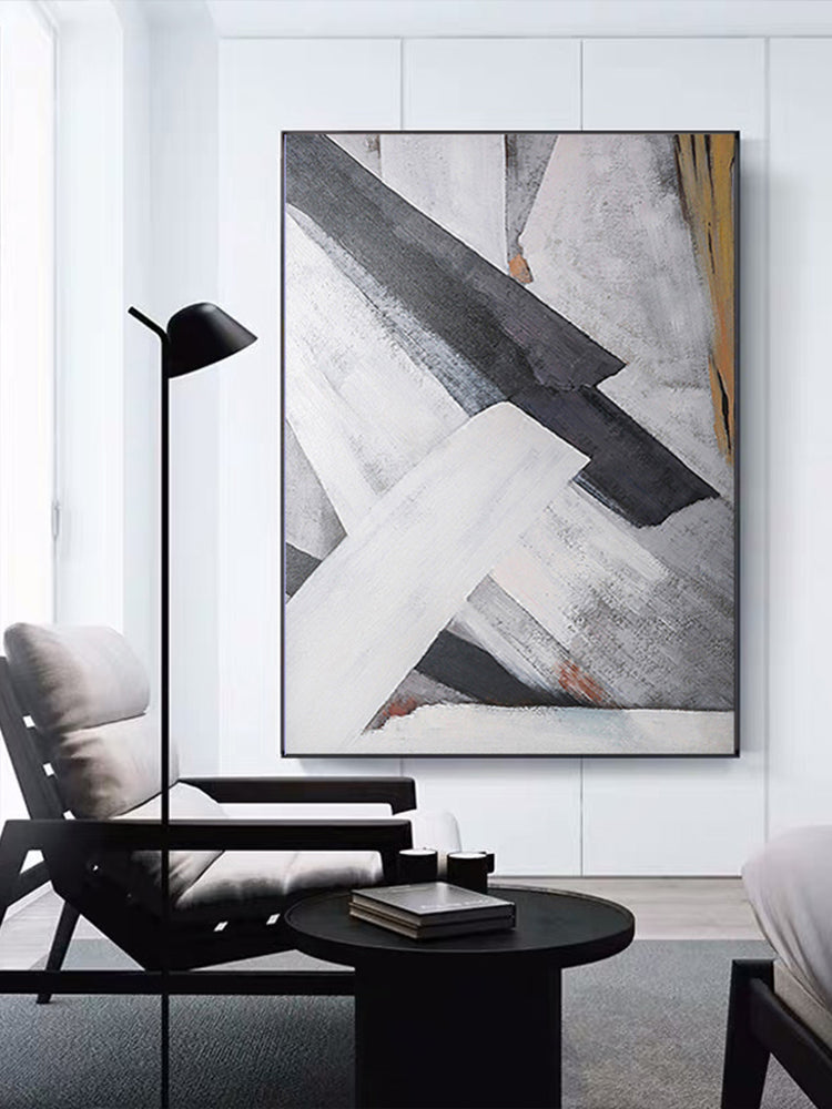 Handmade Gray Abstract Oil Painting Geometry Wall Art On Canvas Hanging Mural Living Room Sofa Picture,31inx47in,No Frame
