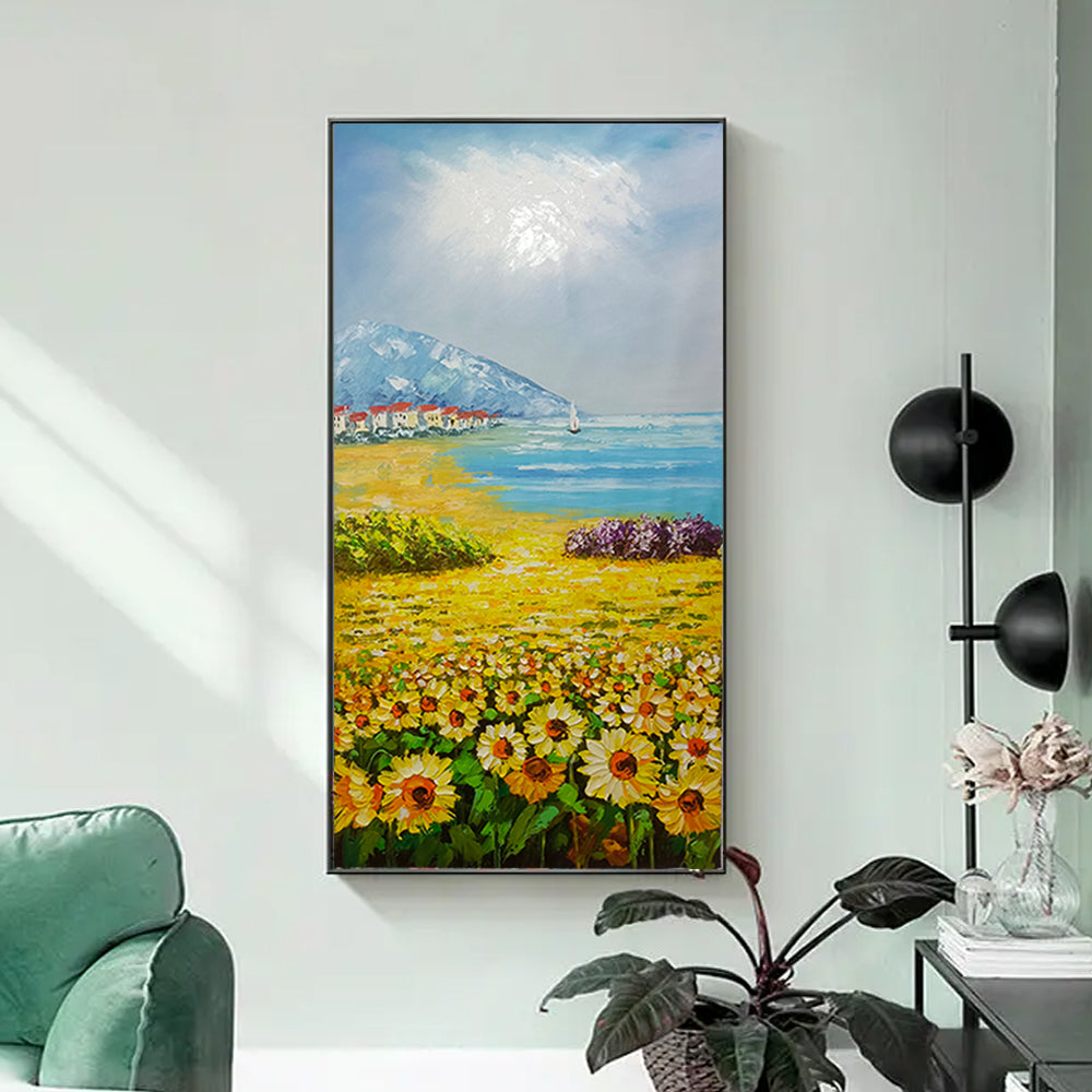 Hand Painted Sunflower Oil Painting House Landscape On Canvas In Living Room Modern Wall,27inx54in,No Frame