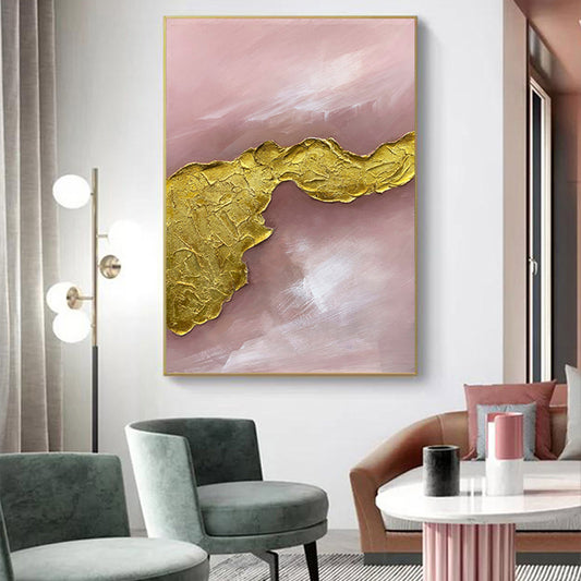 #680Pure Handpainted Modern Light Luxury Living Room Decoration Painting Gold Pink Simple Abstract Three Dimensional Hanging,31inx47in,No Frame