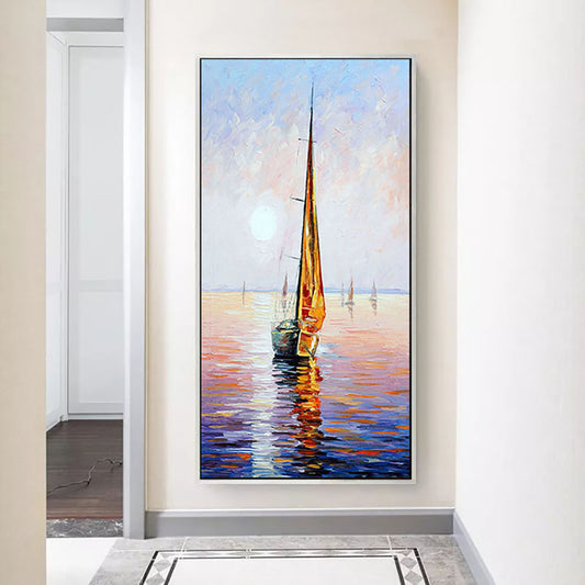Handmade Impressionist Seascape Oil Painting Ocean Sailboat Sunrise On Canvas Living Room Home Decor Wall Art,27inx54in,No Frame