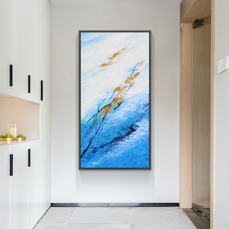 Modern Minimalist Hand-Painted Abstract Oil Painting of Blue Sea Entrance Living Room Dining Room Vertical Version of the Murals27inx54in,No Frame