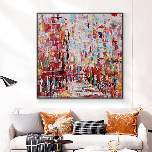Abstract Coloful Red Oil Painting On Canvas  Hand Painted Textured Modern Canvas Wall Art,31inx31in,No Frame