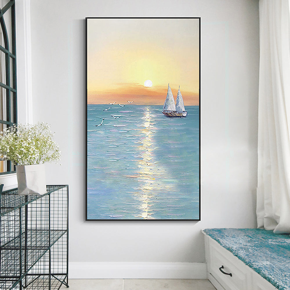Sea Decor Paintings For Living Room Handmade Wall Art Abstact Landscape Decorative Canvas Paintings Picture Interior,27inx54in,No Frame